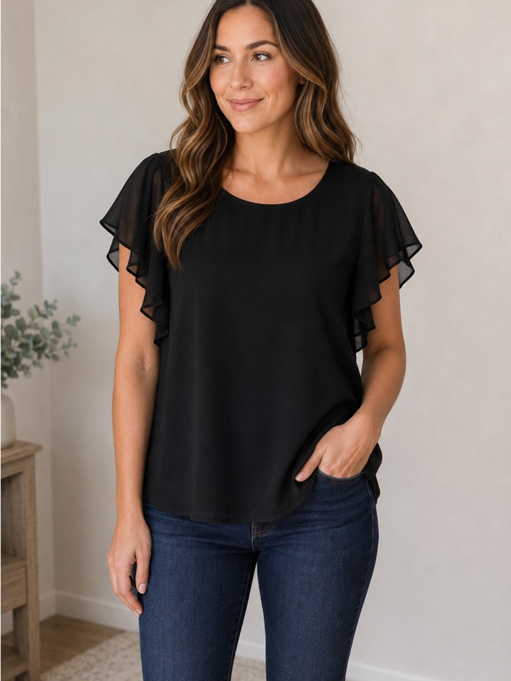 F&F Black Sheer Overlay Flutter Sleeve Top Women’s Size 16